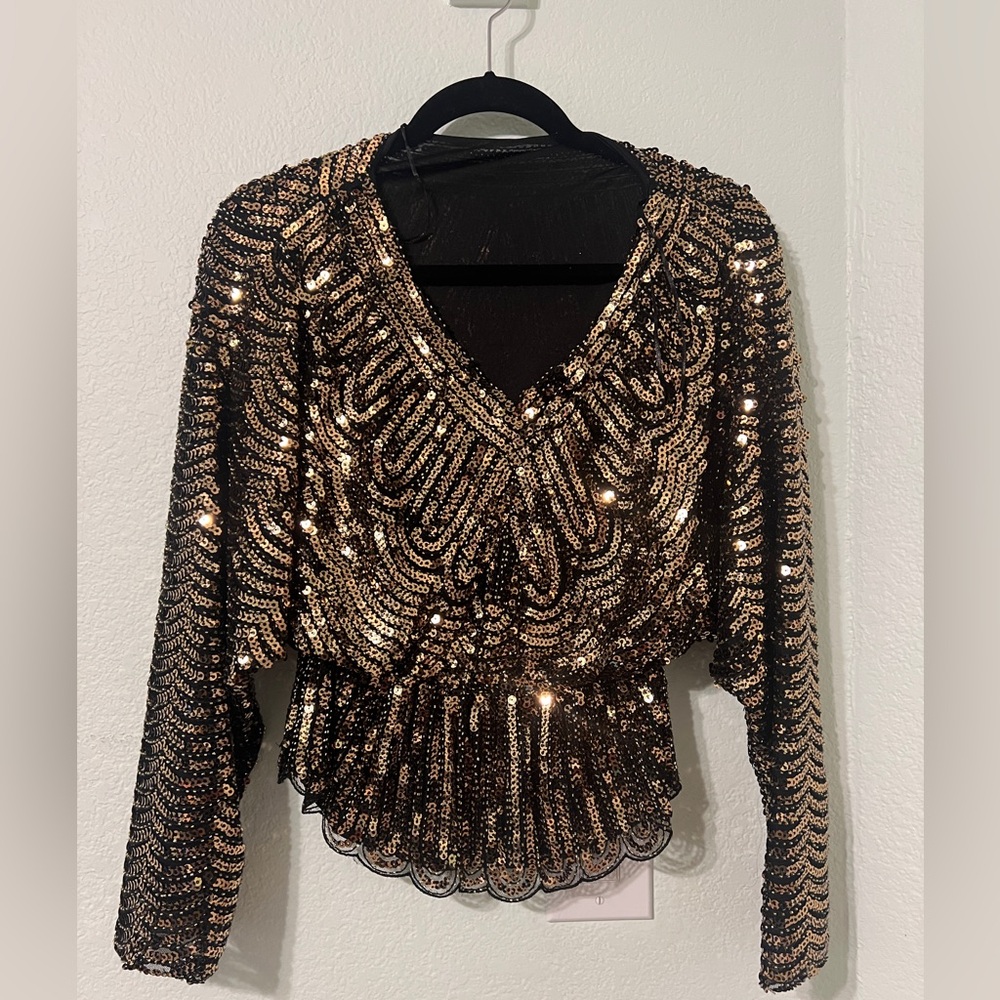 Sequin Embellished Black and Gold Women's Top